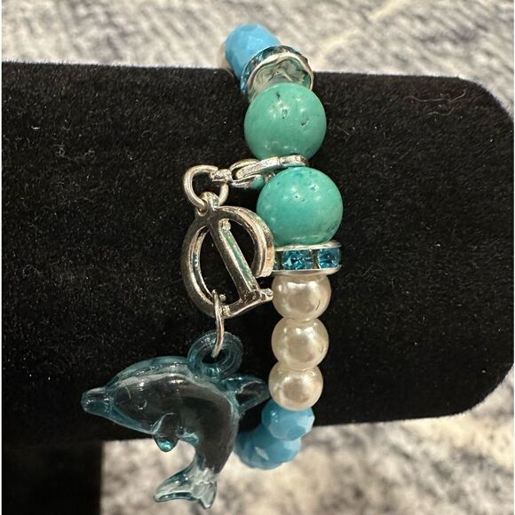 Blue beaded stretch dolphin nautical bracelet - Picture 4 of 7